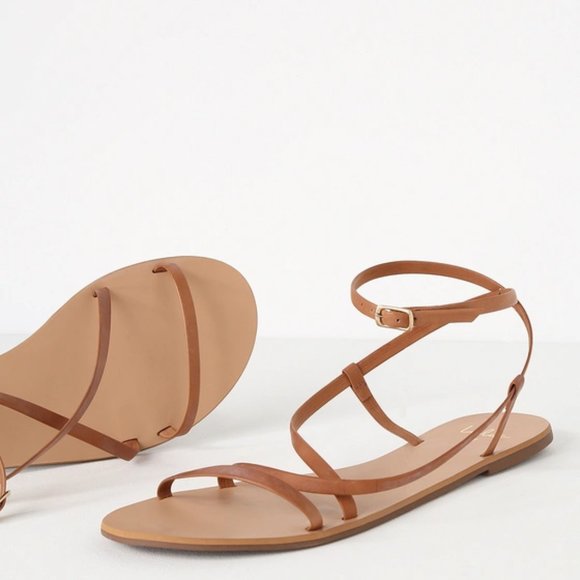 Lulus Chrissy Cognac Leather Flat Sandals Tan - Picture 1 of 4